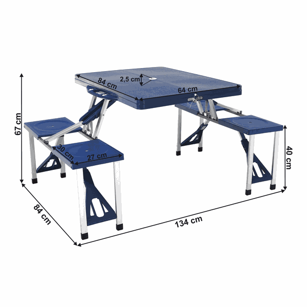 Kempingový skladací kufríkový set, 4-miestny, modrý, HORT