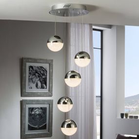 Schuller Valencia Závesné LED svietidlo Sphere, 5-pl., chróm, Obývacia izba / jedáleň, kov, polykarbonát, 4.8W, Energialuokka: G