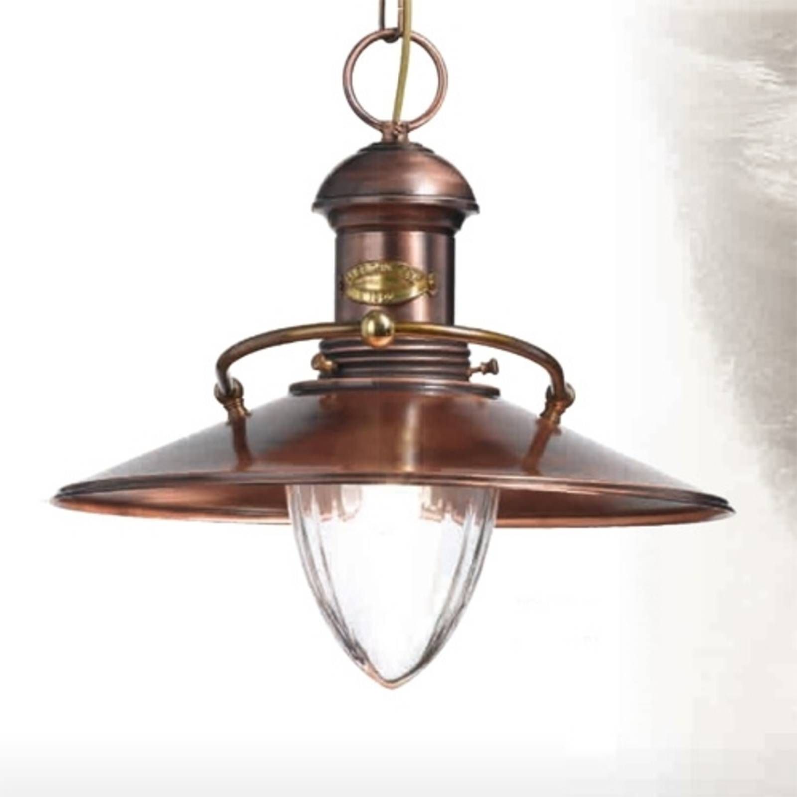 Cremasco Scia – starožitná závesná lampa v medenej, Obývacia izba / jedáleň, meď, sklo, E27, 75W