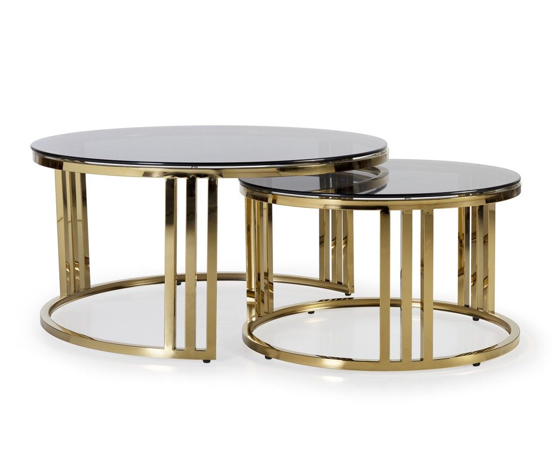 Estila Art-deco set dvoch okrúhlych konferenčných stolíkov Brilia v zlatej farbe s tmavým temperovaným sklom