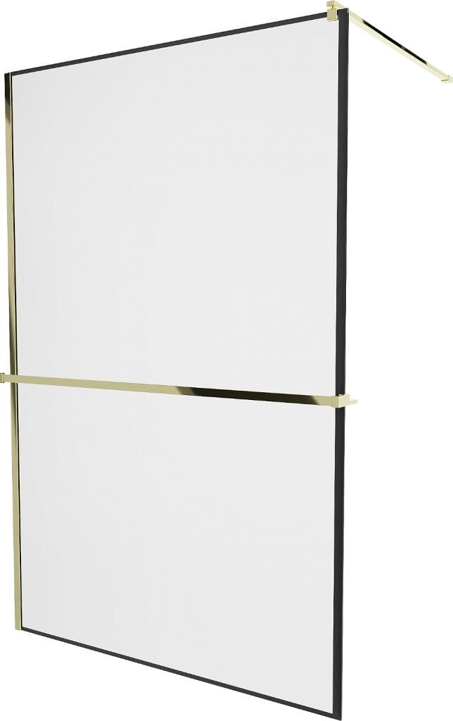 MEXEN/S - KIOTO Sprchová zástena WALK-IN s poličkou a držiakom uterákov 100 x 200 cm, transparent/čierna 8 mm, zlatá 800-100-121-50-70