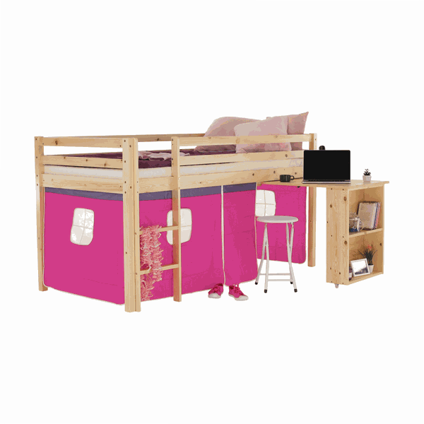 Posteľ s PC stolom, borovicové drevo/ružová, 90x200, ALZENA
