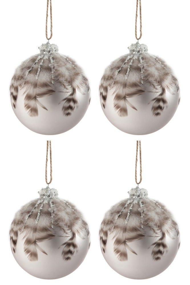 4ks vianočné sivá sklenená ozdoba s pierkami L - Ø 10 cm