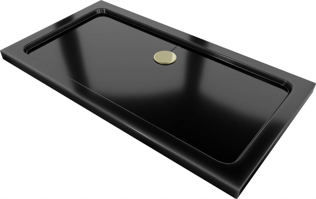MEXEN/S - Flat sprchová vanička obdĺžniková slim 140 x 70 cm, čierna + zlatý sifón 40707014G