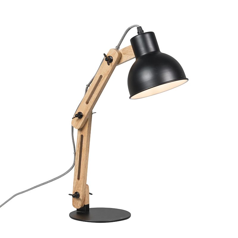 Priemyselná stolová lampa čierna s drevom - Woodi