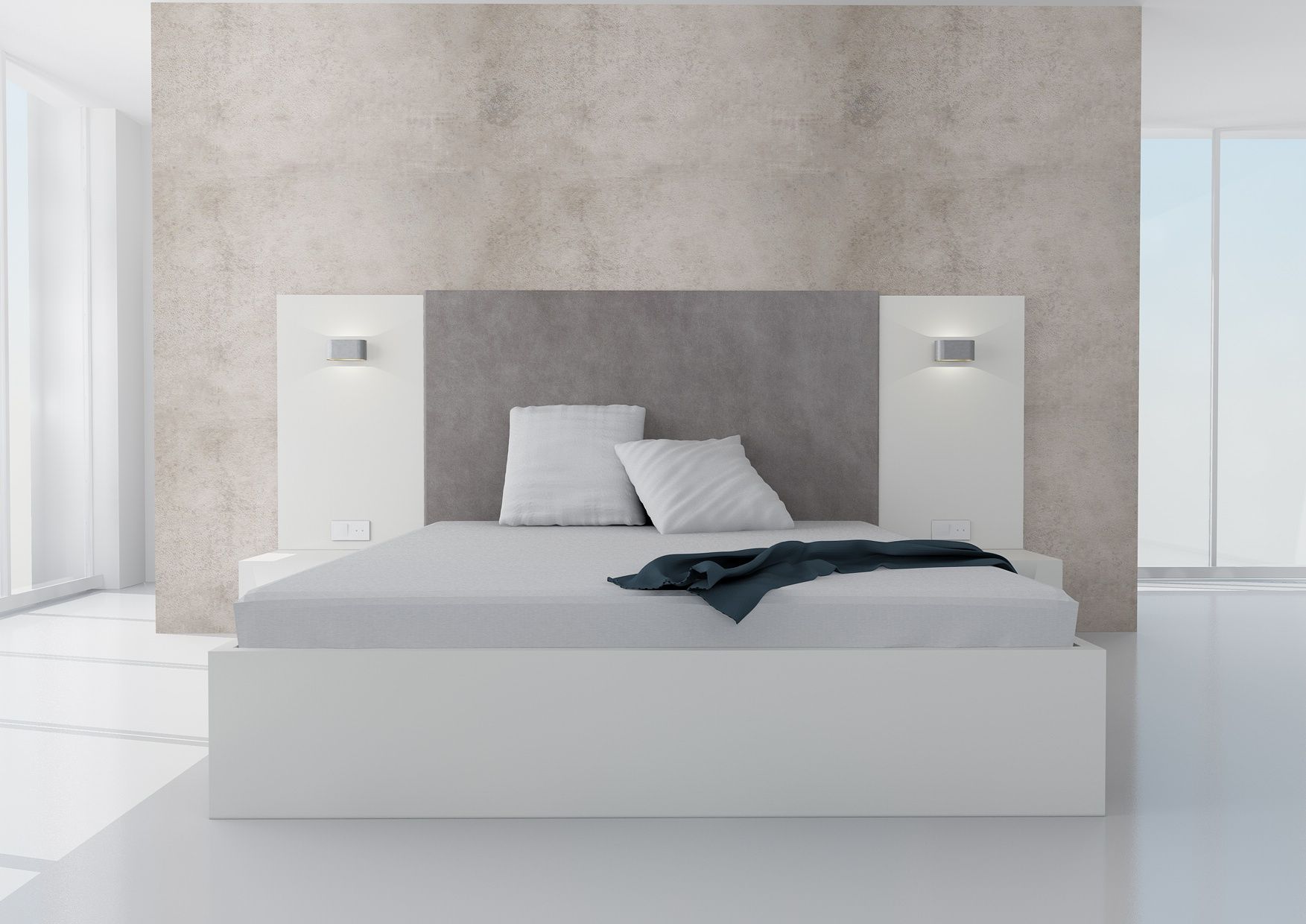 Manželská posteľ Koncepto s úložným priestorom, platinova biela, sivé čalúnenie, , nočné stolíky, svietidlá a zásuvky
