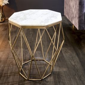 Estila Moderný biely príručný stolík Diamond Marble s mosadznou podstavou v prevedení mramor 50cm