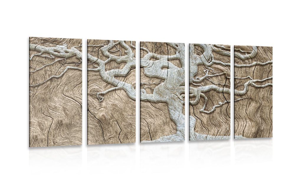 5-dielny obraz abstraktný strom na dreve v béžovom prevedení