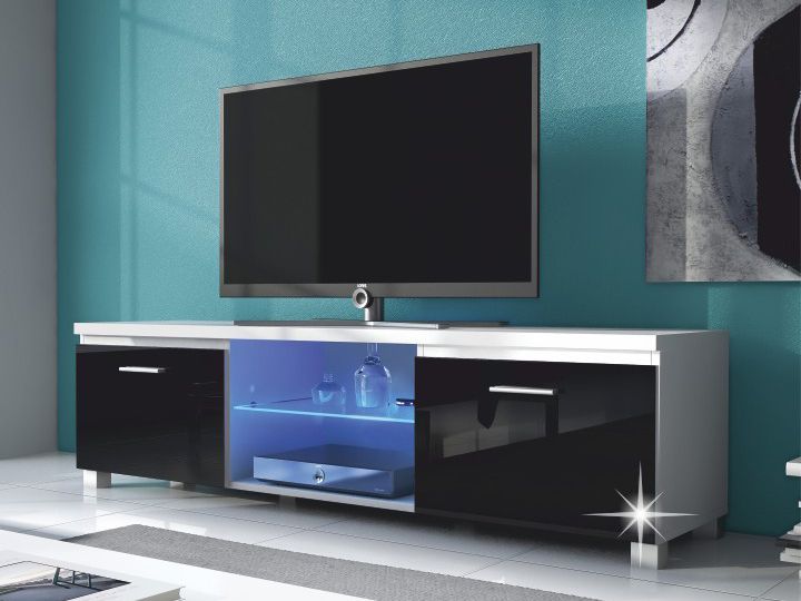 TV stolík/skrinka Linerad (biela + extra vysoký lesk čierny) (s osvetlením)