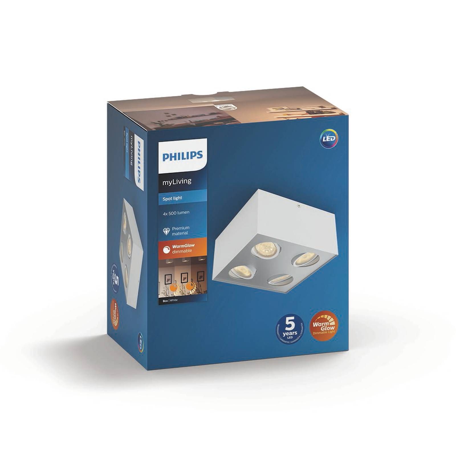 Philips myLiving LED bodové svetlá Box 4-pl. biela, Obývacia izba / jedáleň, hliník, 4.5W, P: 20.2 cm, L: 20.2 cm, K: 10cm