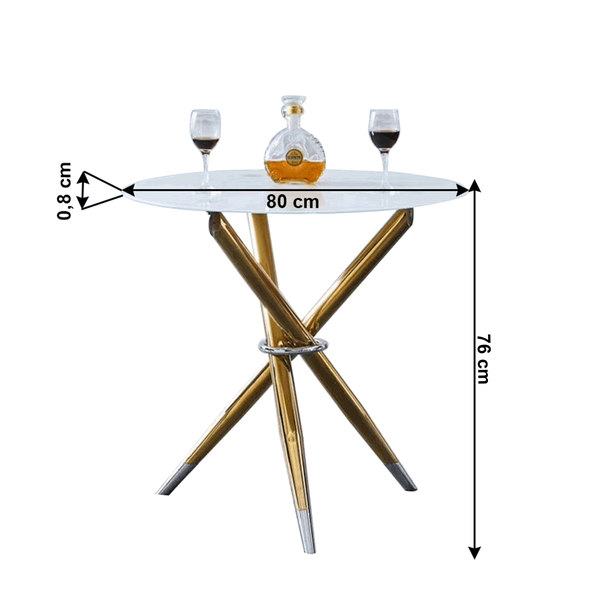 Jedálenský stôl/kávový stolík,  biela/gold chróm zlatý, priemer 80 cm, DONIO