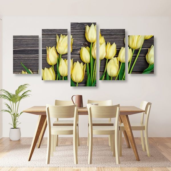 5-dielny obraz očarujúce žlté tulipány na drevenom podklade - 100x50