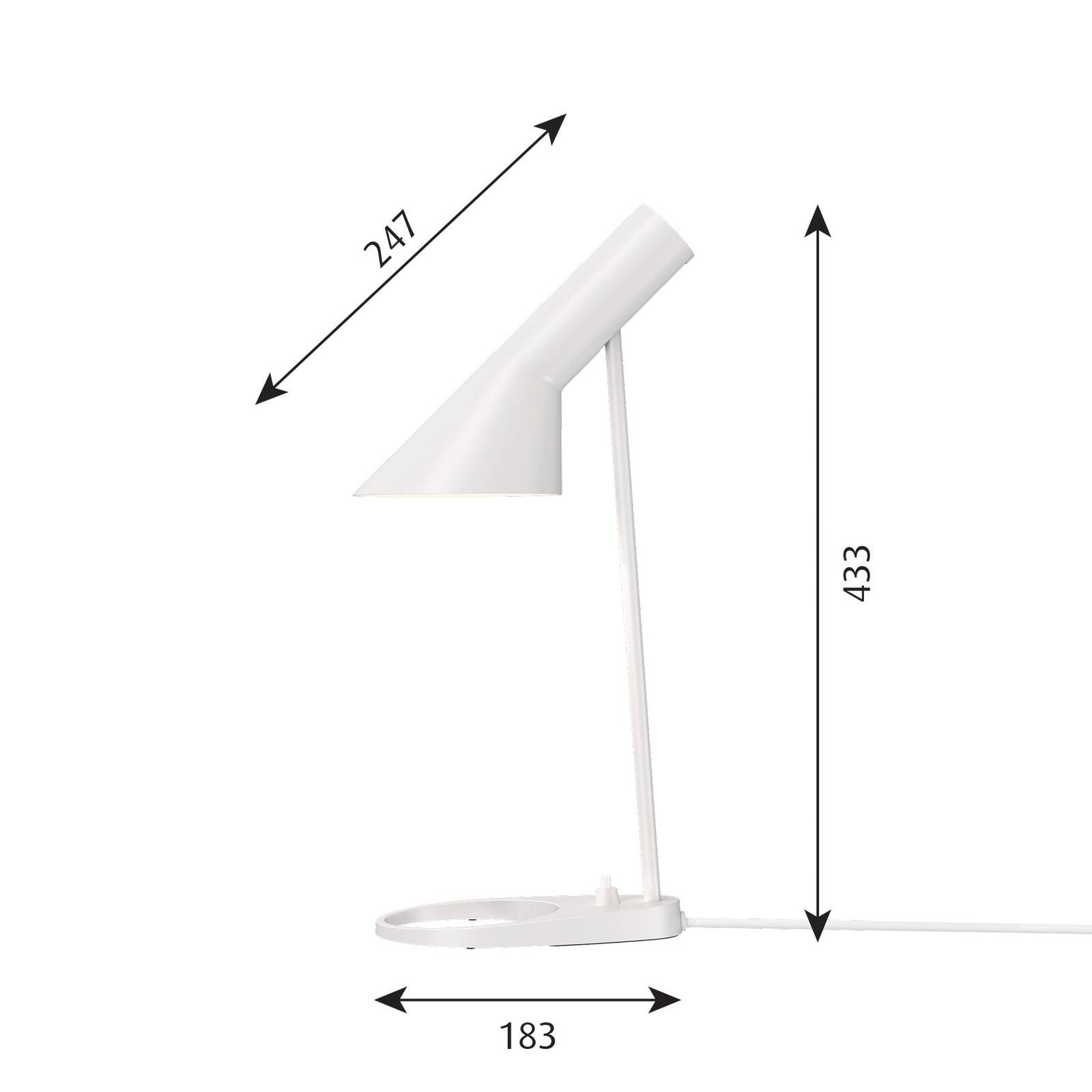 Louis Poulsen AJ Mini stolová lampa, biela, Obývacia izba / jedáleň, oceľ, zinkový tlakový odliatok, E14, 20W, K: 43.3cm