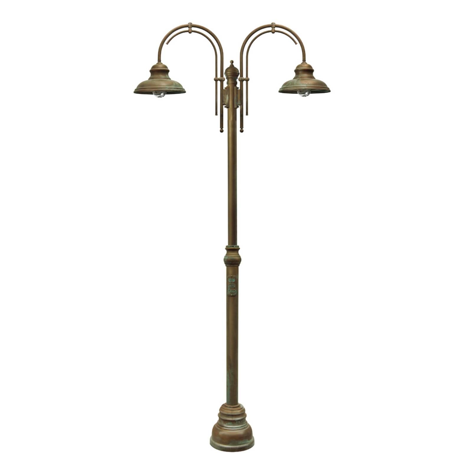 Moretti Luce Stĺpová lampa, dve svetlá s dvoma oblúkmi, starožitná mosadz, E27, 75W, L: 125 cm, K: 308cm