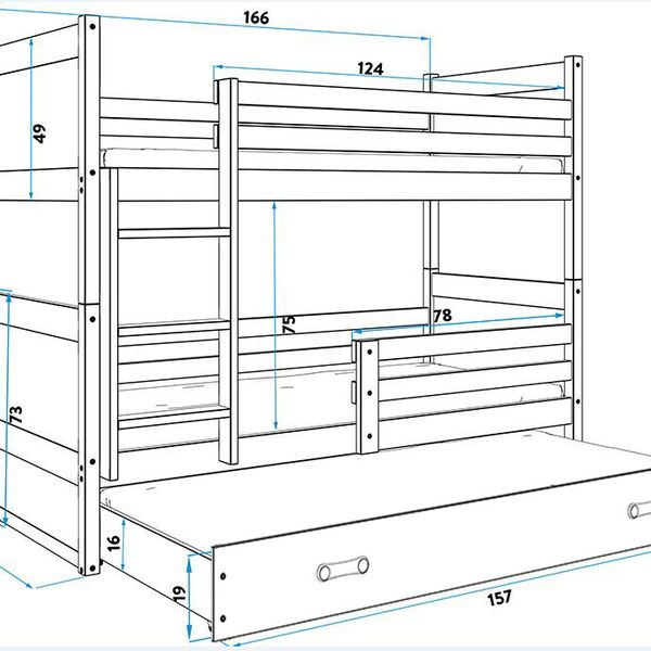 Poschodová posteľ s prístelkou RICO 3 - 160x80cm - Borovica - Biely