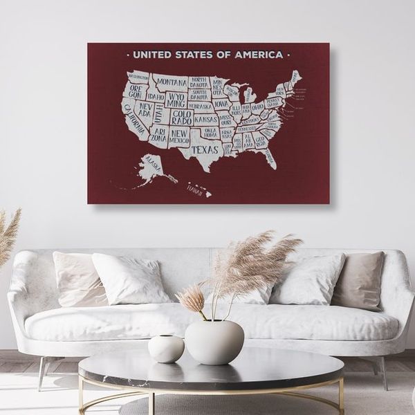 Obraz na korku náučná mapa USA s bordovým pozadím - 120x80  metallic