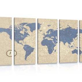5-dielny obraz mapa sveta s kompasom v retro štýle