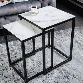 Estila Moderný set príručných stolíkov Industria Marbleux s čiernou kovovou podstavou v prevedení mramor biely 55cm
