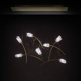 Slamp Tulip 7 závesné LED prizma/mosadz hranaté, Obývacia izba / jedáleň, Lentiflex®, brúsená matná mosadz, G4, 5W, P: 70 cm, L: 25 cm