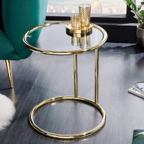 Estila Art deco príručný stolík Gabriell v kovovom zlatom vyhotovení okrúhleho tvaru so sklenenou doskou 55cm