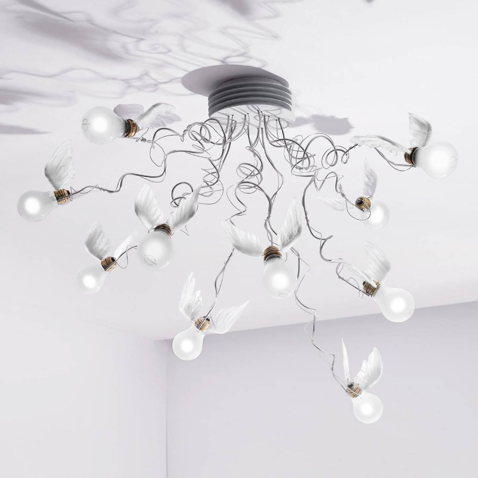 Ingo Maurer Birdie's Nest stropné LED, 10-pl., Obývacia izba / jedáleň, kov, husacie perie, E27, 1.5W, K: 50cm