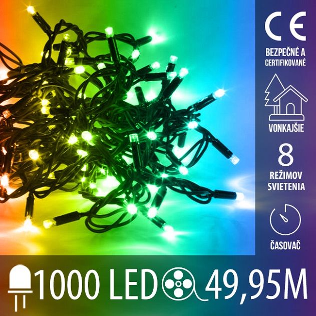 Vianočná LED svetelná reťaz vonkajšia s časovačom + programy - 1000LED - 49,95M Multicolour