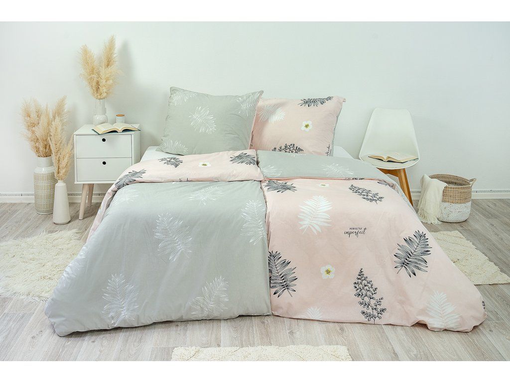 Posteľné obliečky bavlnené papradie ružovo-šedé 140x200/70x90 cm