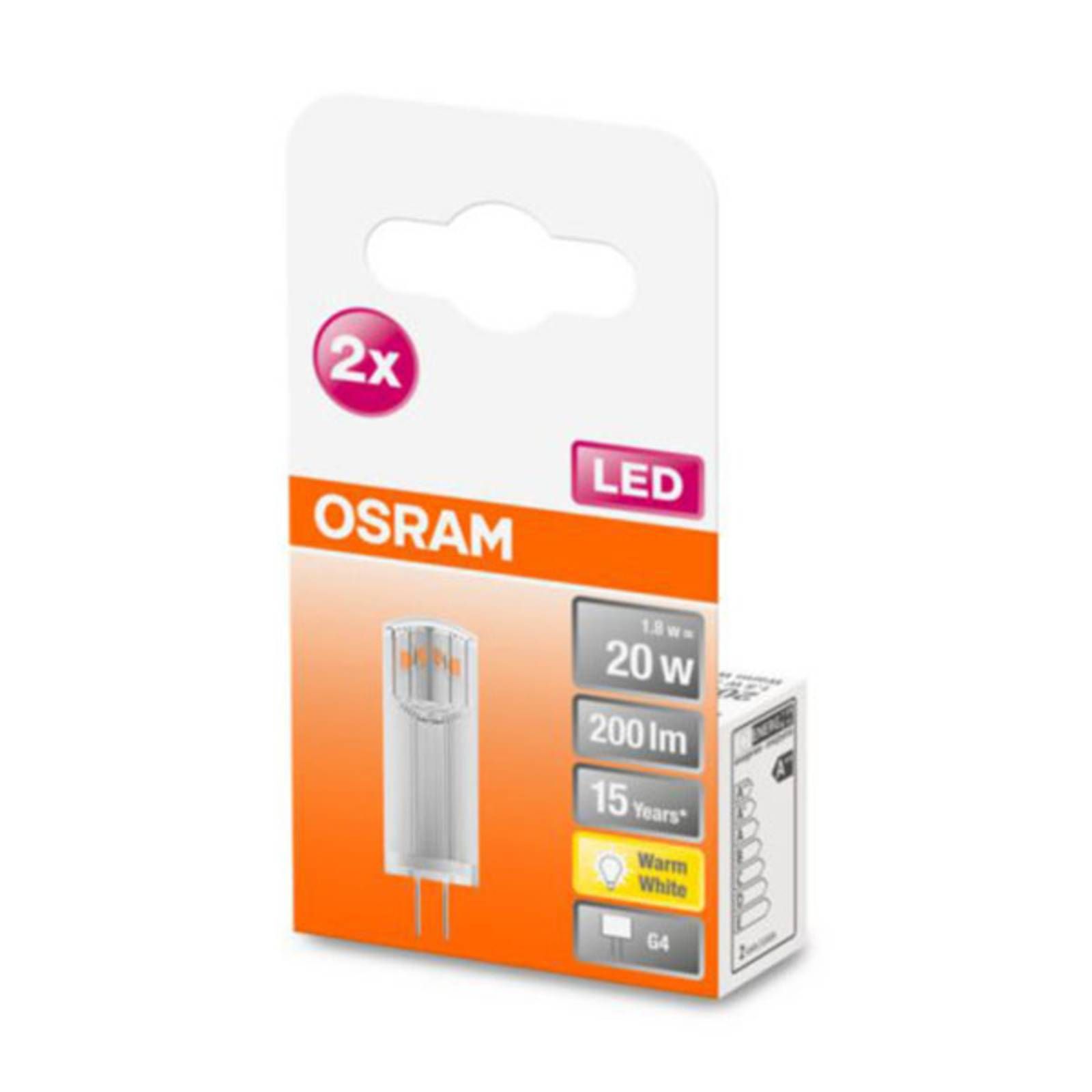 OSRAM kolíková LED G4 1, 8W 2.700K číra balenie 2ks, G4, 1.8W, Energialuokka: F, P: 3.6 cm
