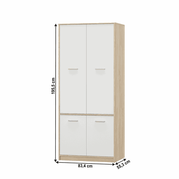 4-dverová vešiaková skriňa, biela/dub sonoma, TEYO