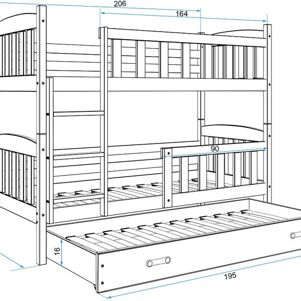 Poschodová posteľ s prístelkou KUBO 3 - 200x90cm Borovica - Biela