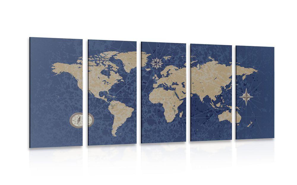5-dielny obraz mapa sveta s kompasom v retro štýle na modrom pozadí