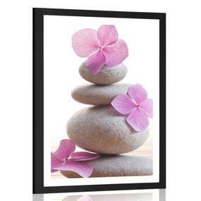 Plagát s paspartou balans kameňov a ružové orientálne kvety