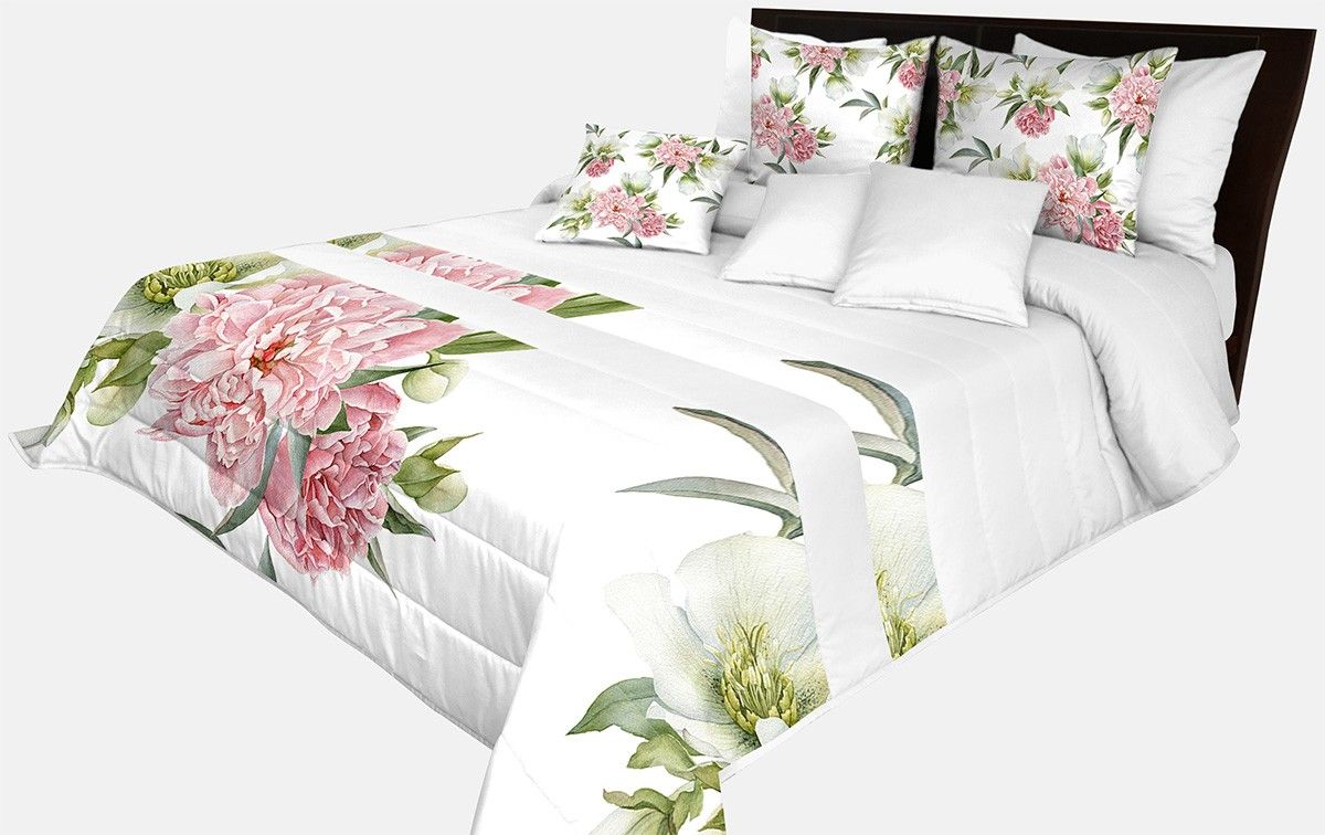 DomTextilu Prehoz na posteľ v bielej farbe s potlačou veľkej ružovej kvetiny a zelených listov Šírka: 200 cm | Dĺžka: 220 cm 65867-239573