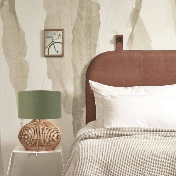 Good & Mojo GOOD MOJO Kalahari stolová lampa, 32 cm, zelená, Obývacia izba / jedáleň, ratan, ľan, E27, 40W, K: 48cm