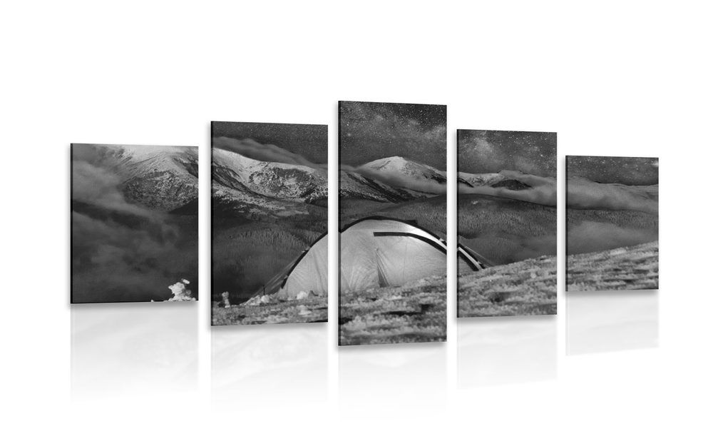 5-dielny obraz stan pod nočnou oblohou v čiernobielom prevedení