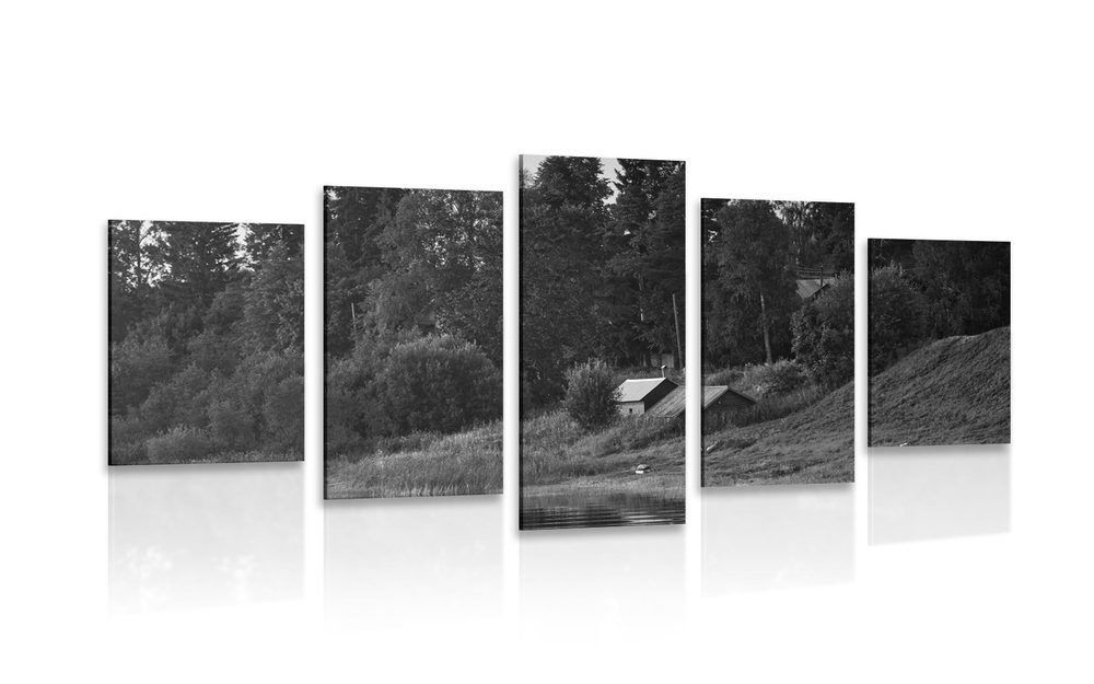 5-dielny obraz rozprávkové domčeky pri rieke v čiernobielom prevedení