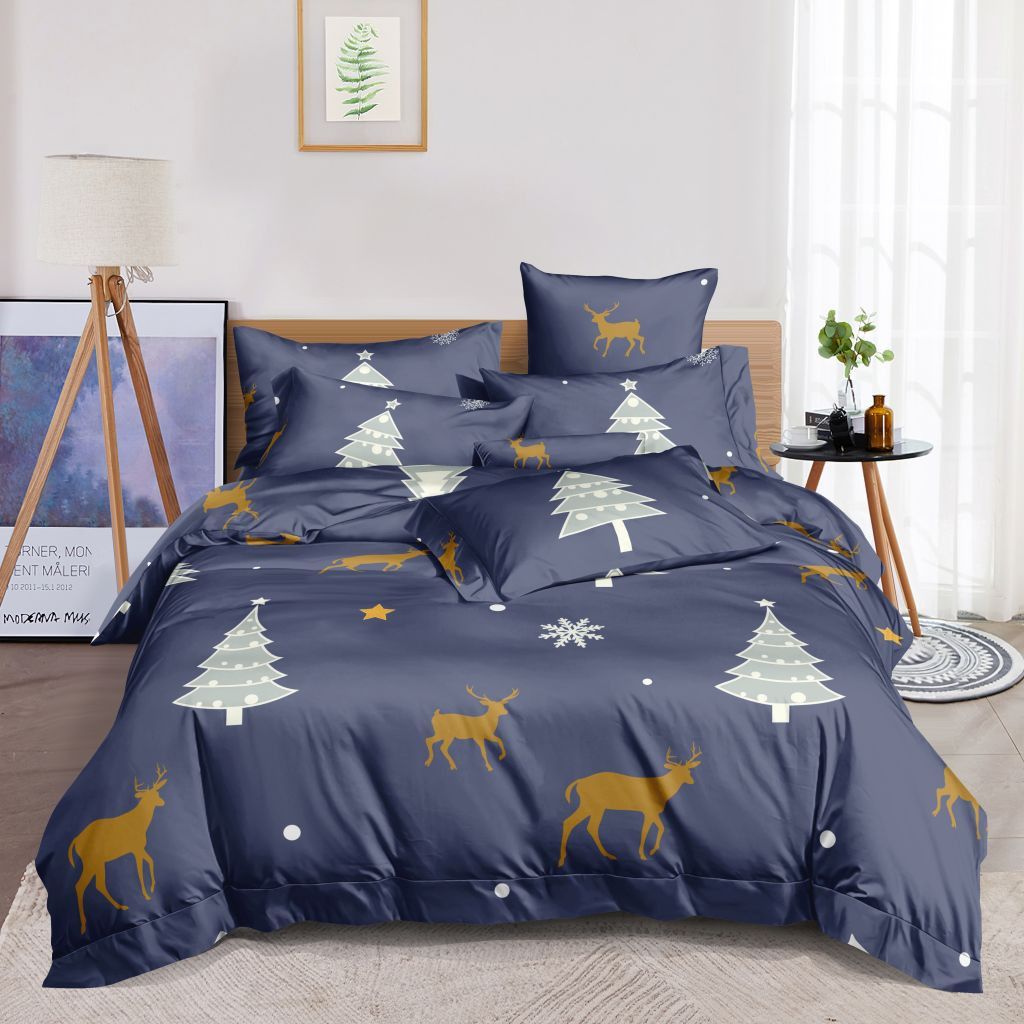 DomTextilu Krásne sivo modré posteľné obliečky s vianočnou tématikou stromčeka a sobov 3 časti: 1ks 200x220 + 2ks 70 cmx80 Modrá 180x220 cm 47806-220120