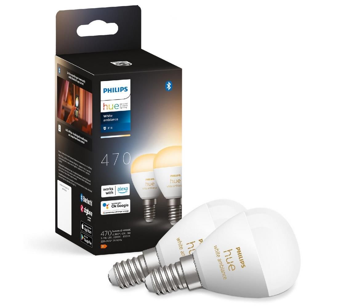 SADA 2x LED Stmievateľná žiarovka Philips Hue WHITE AMBIANCE P45 E14/5,1W/230V