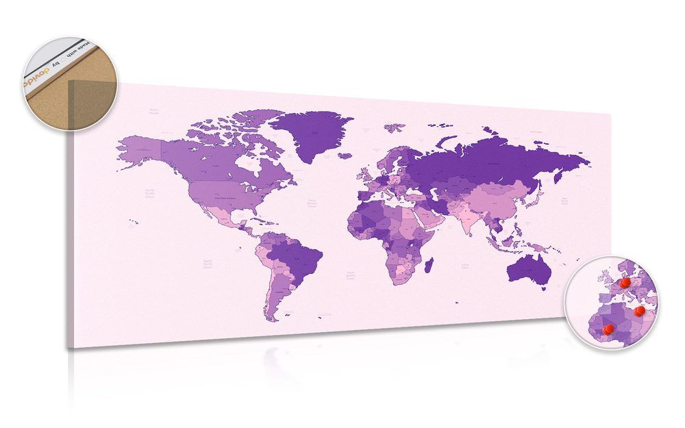 Obraz na korku detailná mapa sveta vo fialovej farbe - 120x60