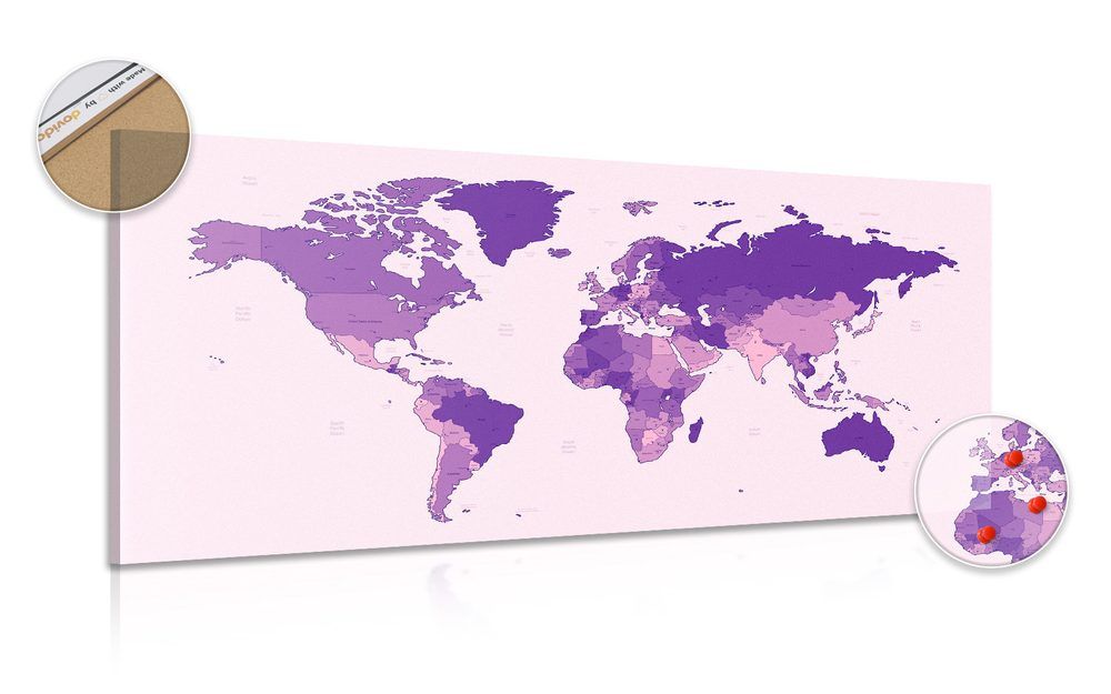 Obraz na korku detailná mapa sveta vo fialovej farbe - 100x50  peg