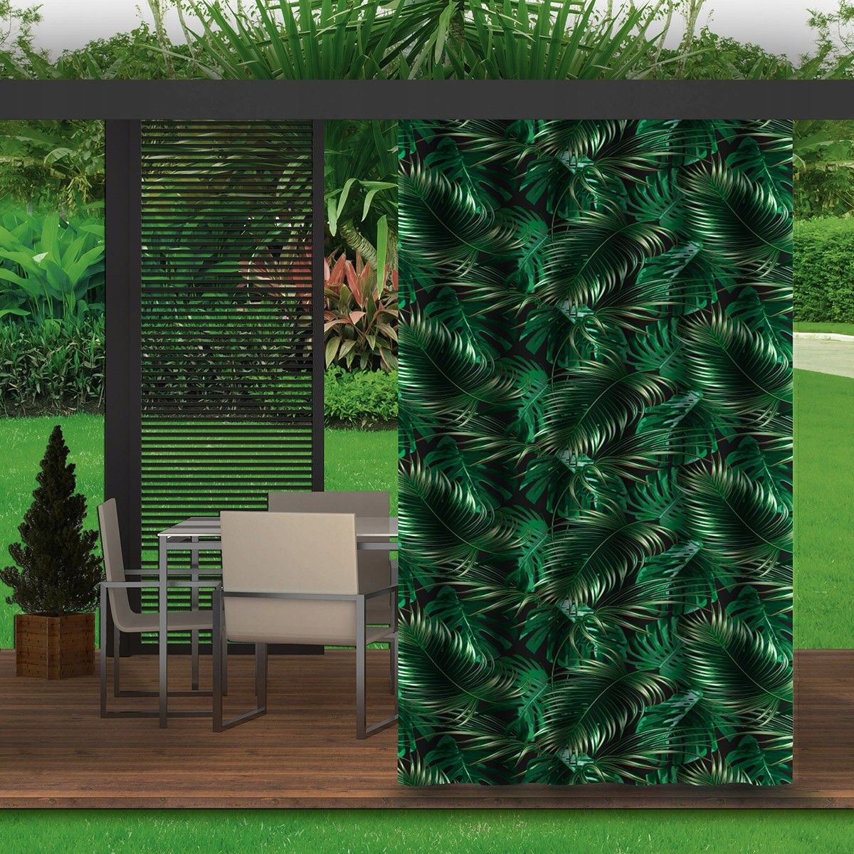 Zelený záves do záhradného altánku s motívom listov 155x220 cm