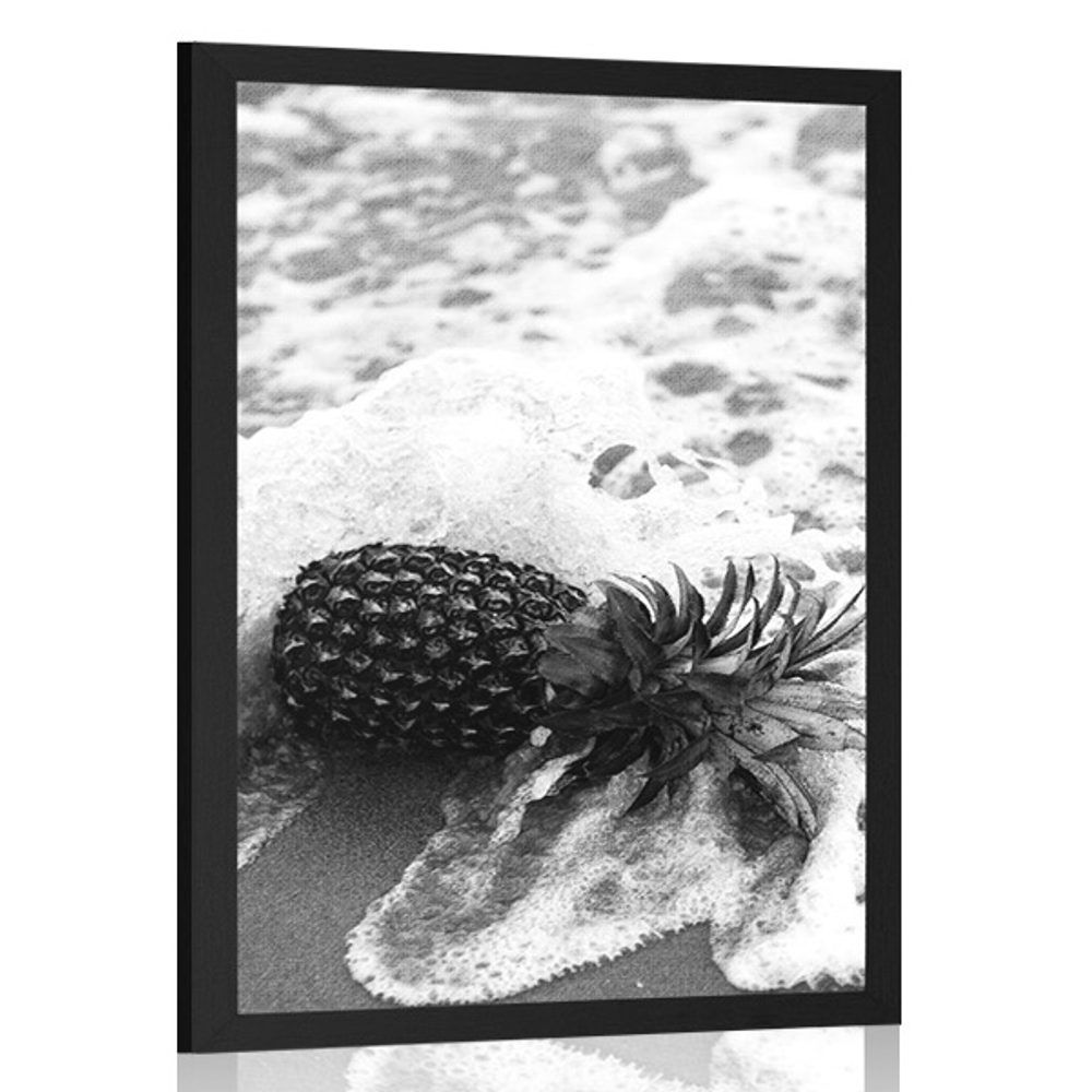 Plagát ananás vo vlne oceánu v čiernobielom prevedení - 40x60 black