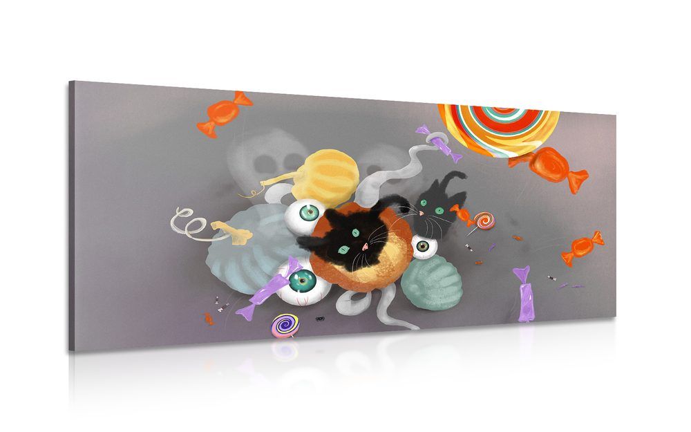 Obraz halloweenske sladkosti s mačkou - 120x60