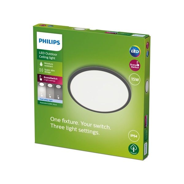 Philips 8719514418011 SuperSlim vonkajšie stropné svietidlo LED 15W/1500lm 4000K IP54 čierna SceneSwitch