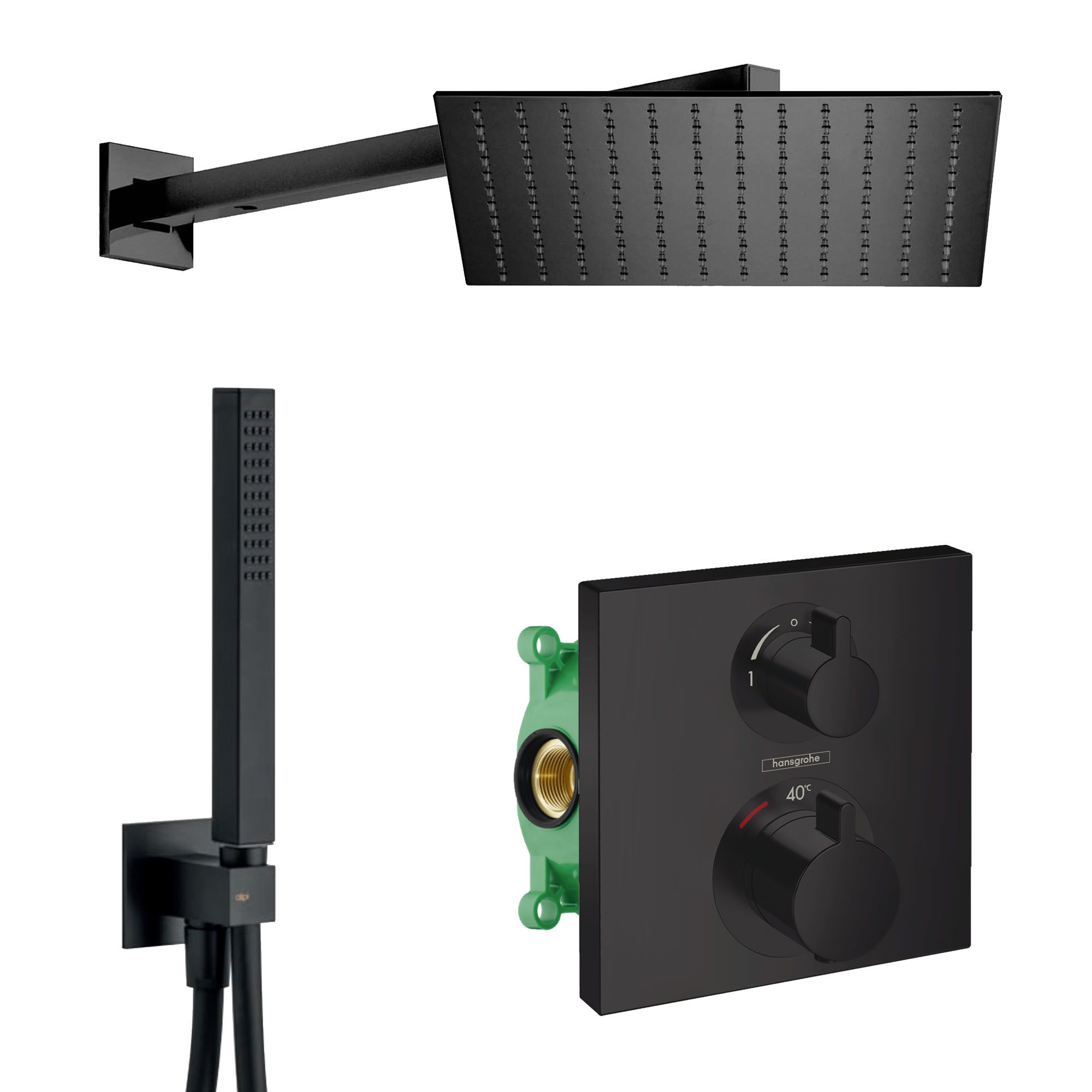 HANSGROHE HG SET Ecostat Black - Sprchový systém pod omietku, Ecostat Square, termostatická batéria - kompletná sada, čierna matná
