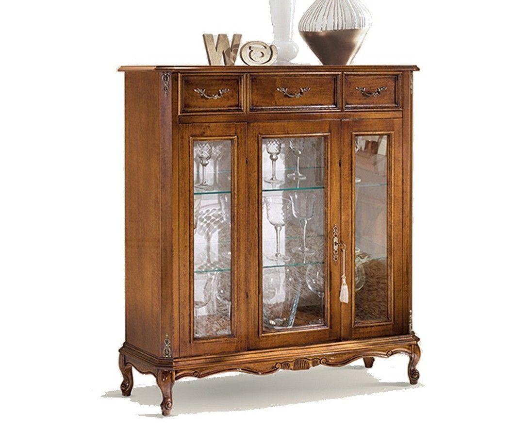 Estila Rustikálna luxusná vitrína Emociones z masívneho dreva so zásuvkami a sklenenými dvierkami 115cm