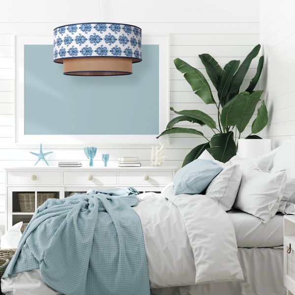 Euluna Závesné svietidlo Hampton Boho modrý ornament/juta, Obývacia izba / jedáleň, bavlna, juta, kov, E27, 40W, K: 22cm