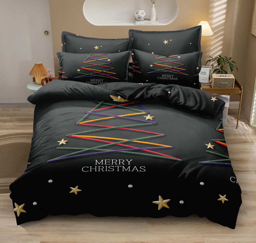 DomTextilu Luxusné čierne posteľné obliečky s motívom vianočného stromčeka 4 časti: 1ks 200x220 + 2ks 70 cmx80 + plachta Čierna 180x220 cm 47039-223196