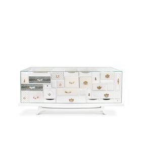 Estila Luxusná biela masívna komoda Mondrian v prestížnom vyhotovení s dizajnovými zásuvkami 186cm