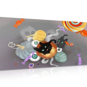Obraz halloweenske sladkosti s mačkou - 100x50